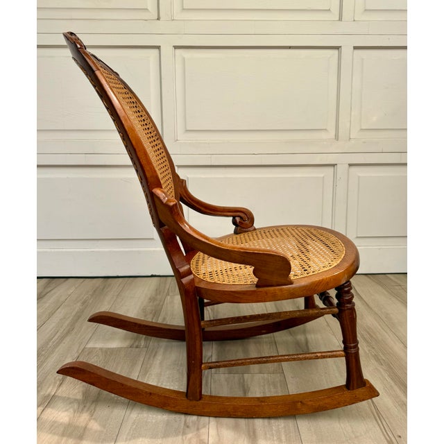 Antique Victorian Carved Wood Hand-Caned Rocking Chair For Sale - Image 11 of 17