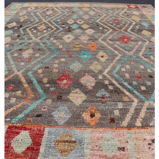 Mid 20th Century Mid 20th Century Modern Diamonds and Tribal Design Rug in Gray Background and Vivid Colors For Sale - Image 5 of 12
