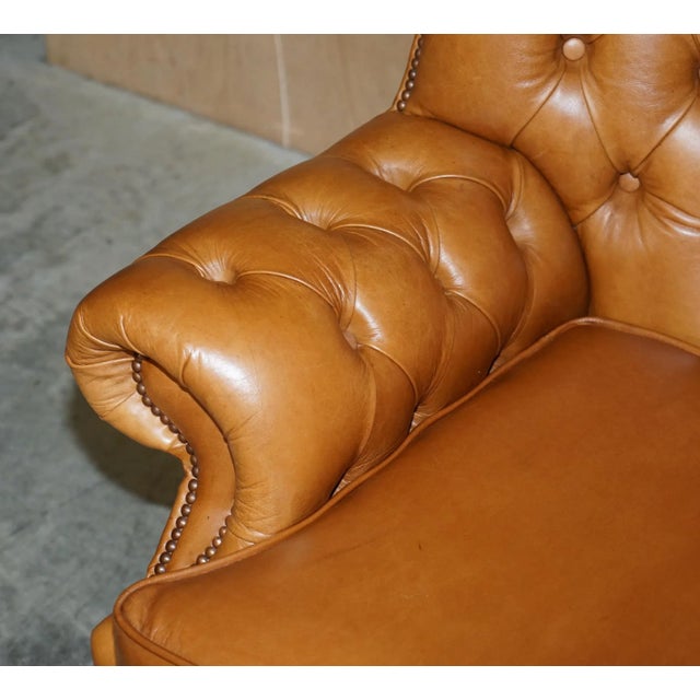 Small Wide Tan Leather Tufted Chesterfield Sofa with High Back For Sale - Image 5 of 18