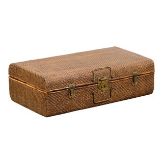 Indian Vintage Bamboo and Woven Rattan Suitcase with Brass Hardware For Sale