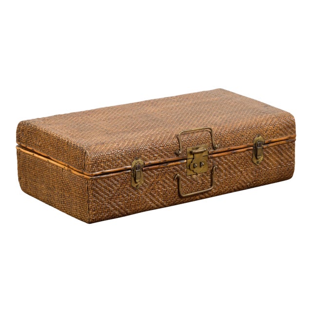 Indian Vintage Bamboo and Woven Rattan Suitcase with Brass Hardware For Sale