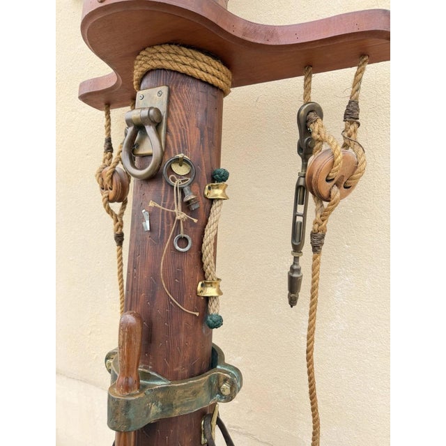 Brown Vintage Custom Nautical Wood 95" Ship Mast Mancave Bar Island W Pulley & Ropes For Sale - Image 8 of 18
