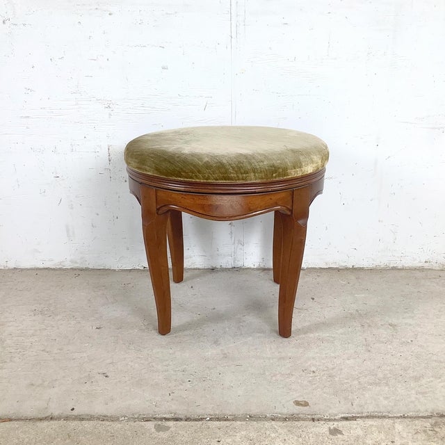 French Provincial Vintage French Provincial Swivel Stool in Cherry With Sage Velvet, Cabriole Legs, 1950s–1970s For Sale - Image 3 of 12
