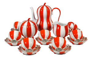 Art Deco Red-White Melon Mocha Service by Josef Hoffmann for Augarten, Vienna, Austria, 20th Century, Set of 15