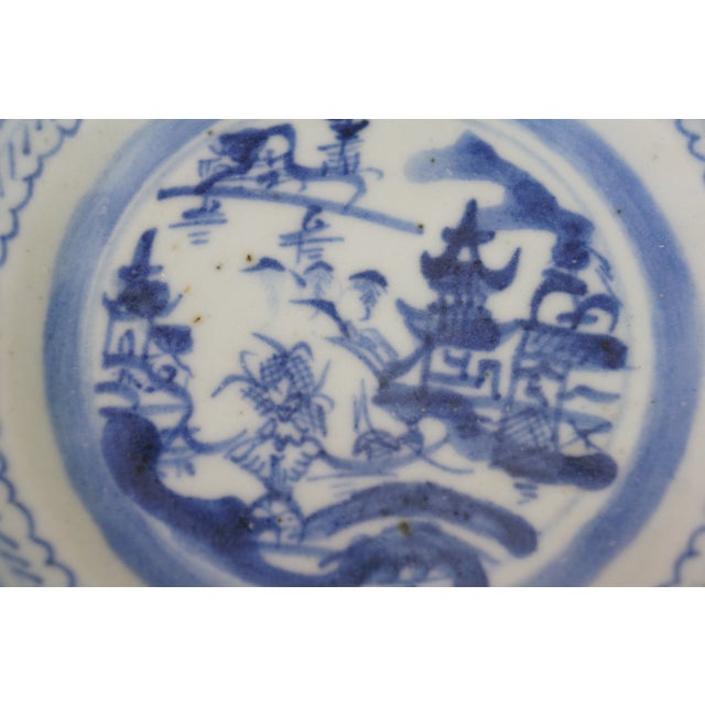 Ceramic Antique Chinese Export Canton Blue White Pagoda Boats Bread Plates 6" - Set of 15 For Sale - Image 7 of 10
