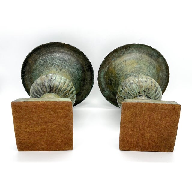 Verdigris 20th Century French Style Green Verdigris Cast Iron Urns With Patina - A Pair For Sale - Image 8 of 9