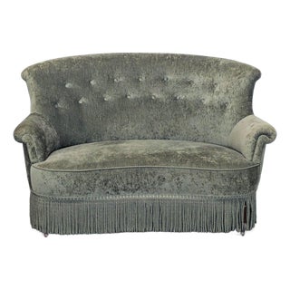Vintage Green Velvet Loveseat With Button Back and Fringe Skirt For Sale
