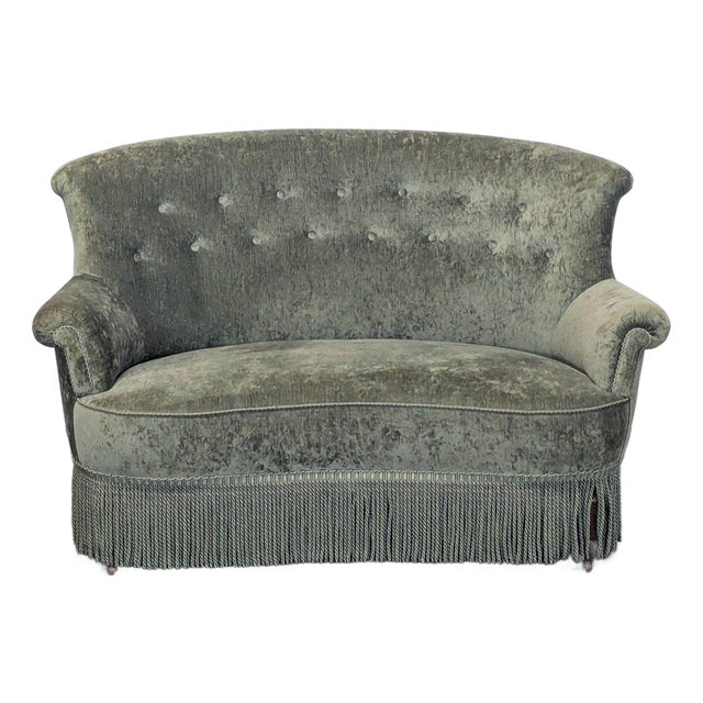 Vintage Green Velvet Loveseat With Button Back and Fringe Skirt For Sale