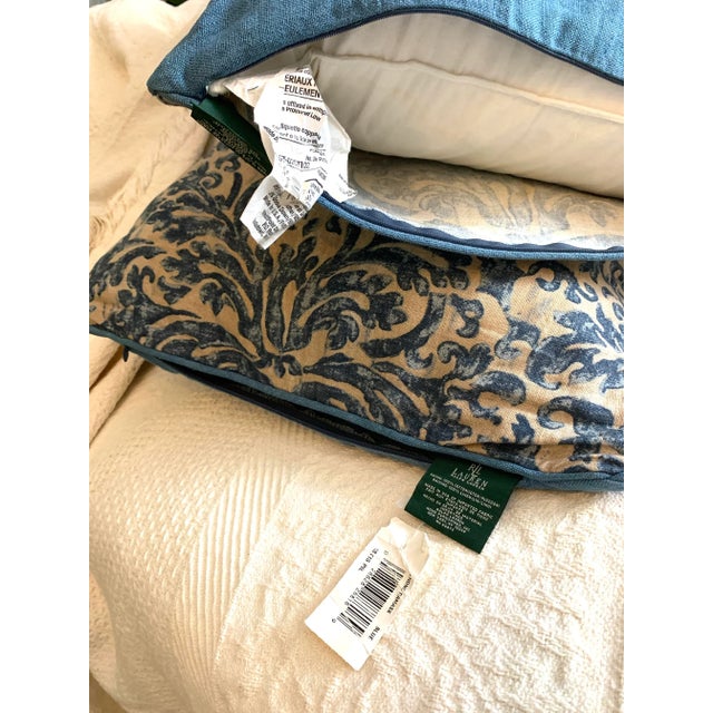 Pair Vintage Lauren Ralph Lauren Decorative Pillow Landing Damask Blue Scroll Design 18” X 18” For Sale - Image 11 of 12