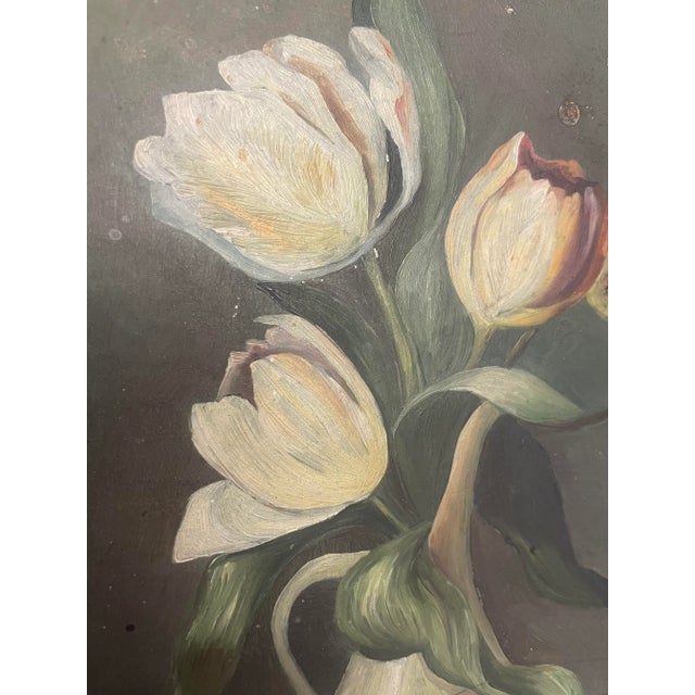 Antique Dutch Renaissance Floral Still Life Original Framed Oil Painting on Tin in Silver, White, Blush For Sale - Image 11 of 12