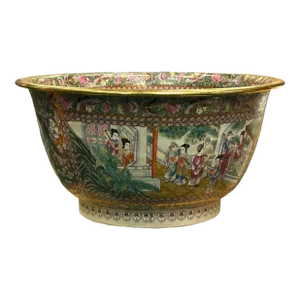 Vintage Chinese Famille Rose People House Graphic Large Porcelain Bowl Pot