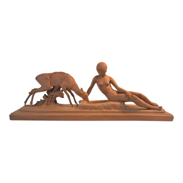 French Art Deco Terracotta Seated Nude With Fawn, Signed Ary Bitter For Sale