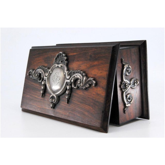 Wooden Jewelry Box with Silver Applications and Coat of Arms Letters on the Lid For Sale - Image 5 of 11