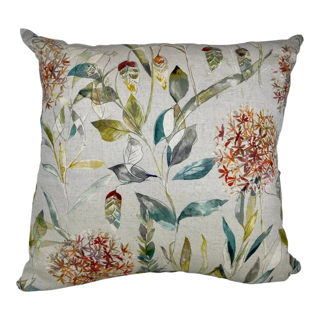 20" Square Decorative Throw Pillow Decorated With a Brilliant Orange Floral and Foliage Watercolor-Like Printed Pattern - Made in the U K For Sale