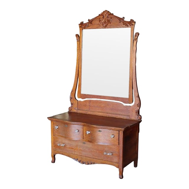 Antique Serpentine Foliate Carved Oak & Mirrored Gentleman’s Chest C1910 For Sale