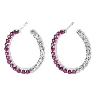 Sterling Silver Lab Created Ruby and White Sapphire Hoop Earrings For Sale