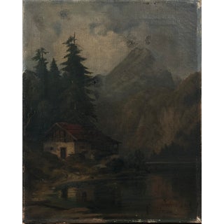 Antique Danish Dark Mountainous Landscape With Cabin and Lake, Oil on Canvas For Sale