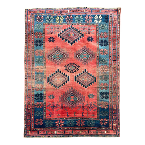Antique C. 1939 Caucasian Kazak Rusty Watermelon, Glacier Blue Rug 4.2 x 6.6