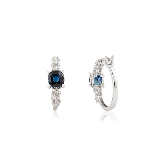 Boho Chic Everyday 1.26 Ct Sapphire & Diamond Huggie Hoop Earrings Gift in 14k White Gold For Sale - Image 3 of 12