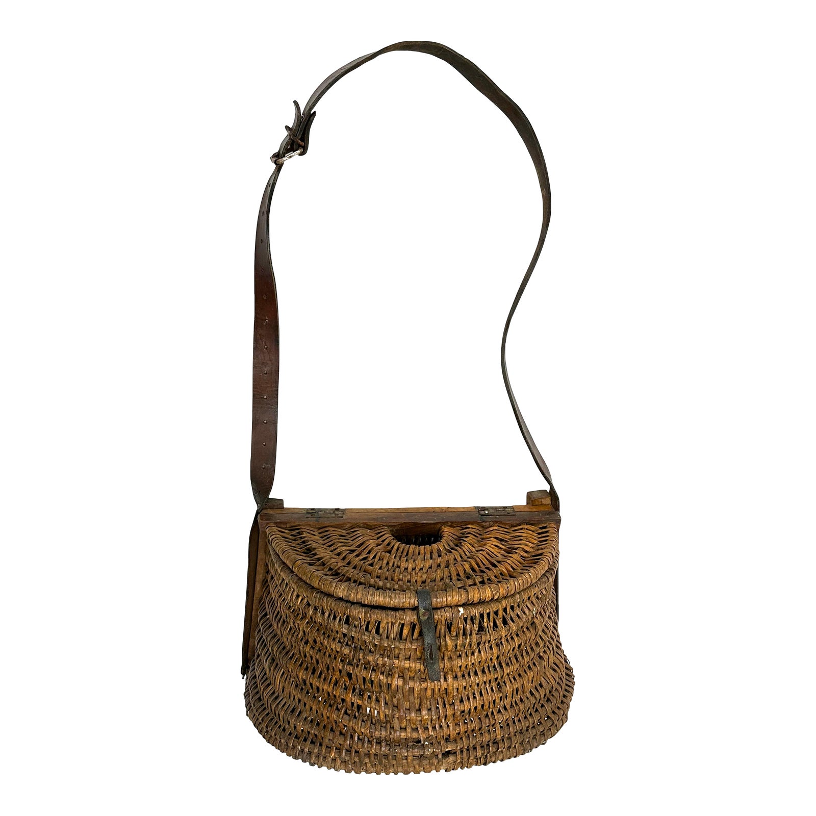 Large Antique American Folk Art Hand Made Hand Woven Wicker & Wood