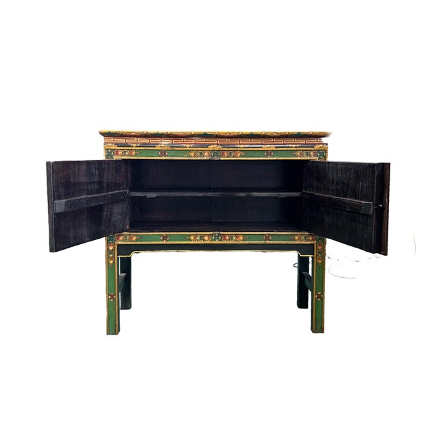 1990s Asian Tibetan Style Floral Graphic Red Green Yellow Console Credenza Table For Sale - Image 5 of 11