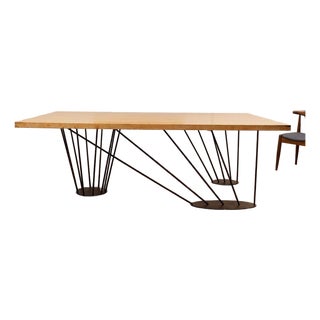 Mid 20th Century Oak Dining Table With Sculptural Iron Base For Sale
