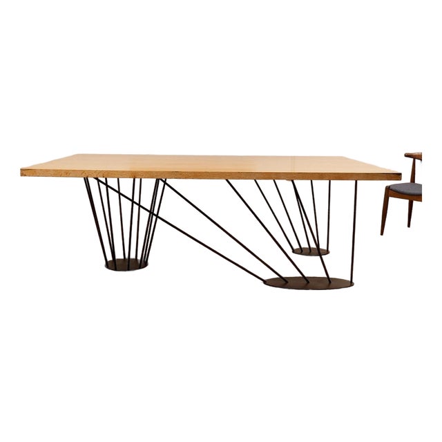 Mid 20th Century Oak Dining Table With Sculptural Iron Base For Sale