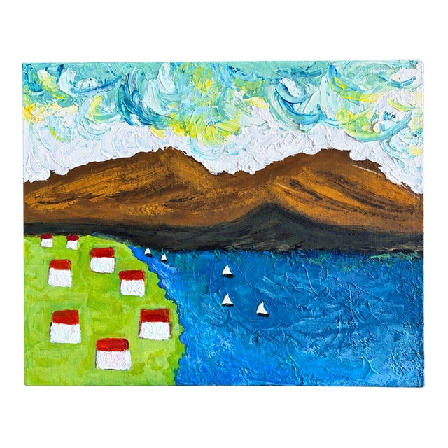Original Impasto Folk Art–Style Lakeside Village Painting by L. Romo, 2026 For Sale