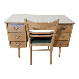 Mid Century Modern Blonde Limed Oak Desk and Chair - Set of 2 For Sale