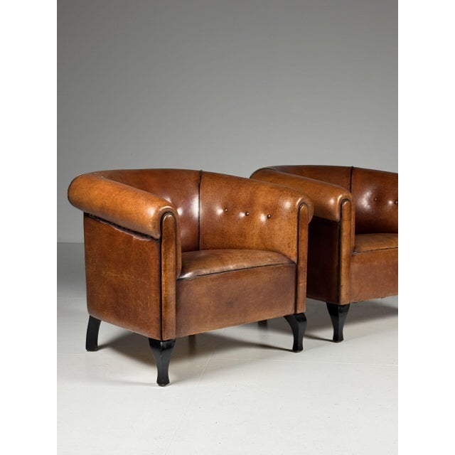 Brown Vintage Club Chairs in Sheepskin Leather, Set of 2 For Sale - Image 8 of 18