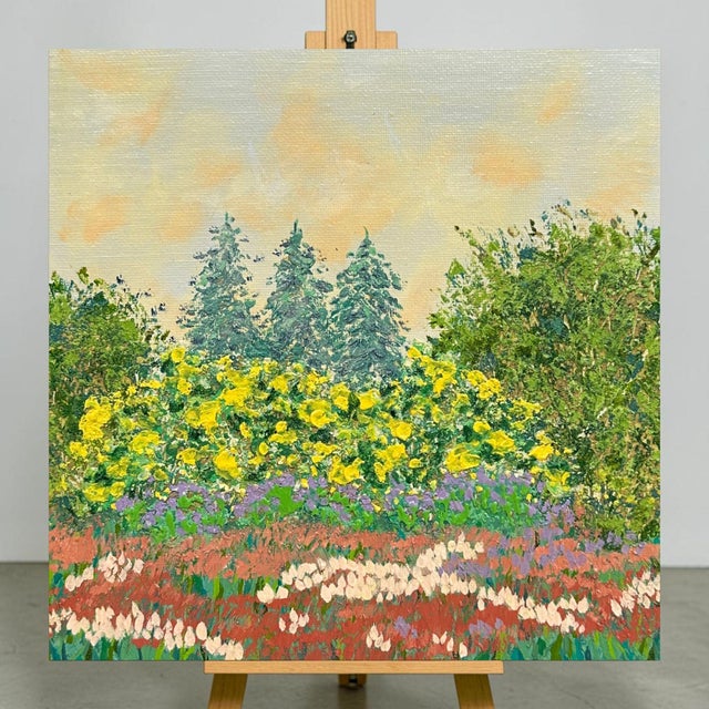 This charming acrylic painting evokes timeless beauty, blending vibrant florals and serene trees. It depicts a spring...