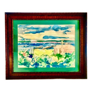 Nantucket Watercolor Painting by Cay Eden in Antique Mahogany Frame For Sale