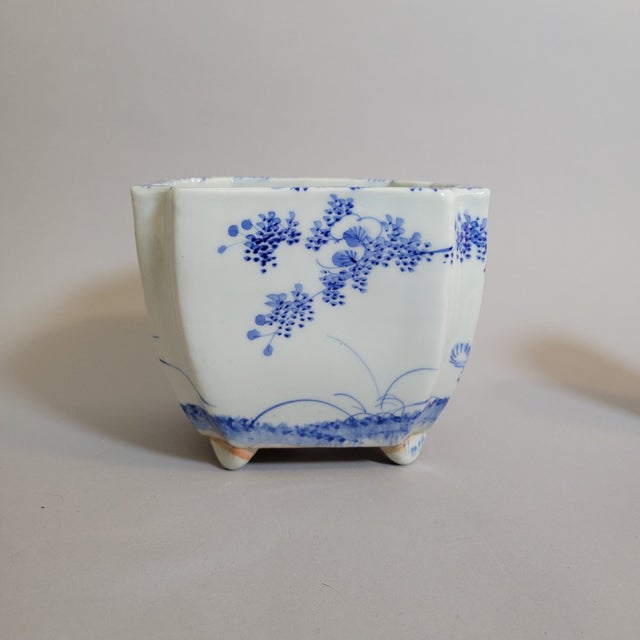 Ceramic Japanese Blue & White Porcelain Bonsai Planter Cachepot, Square Form With Indented Corners For Sale - Image 7 of 10