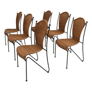 Mid-Century Wicker and Iron Dining Chairs attributed to Frederic Weinberg, 1950s, Set of 6 For Sale