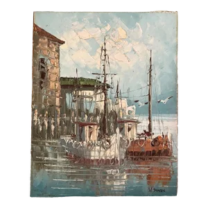 W. Jones Oil on Canvas Nautical Scene Sea Ocean Water Boats Coastal