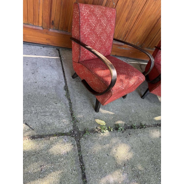 Wood Set of Red Lounge Chairs by Jindrich Halabala for Up Zavody, 1930s For Sale - Image 7 of 13