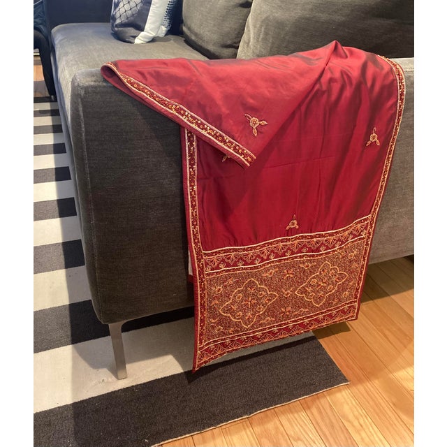 Ruby Red Sethi & Sethi Indian Mosaic Zardozi Metallic Embroidered Claret Silk Throw/Table Runner For Sale - Image 8 of 8