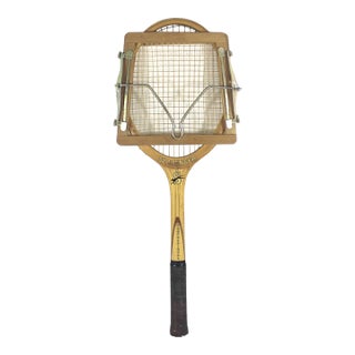 Vintage Wooden Tennis Racket in Wood Press for Designer Decorating Racquet Beach House Wall Decor For Sale