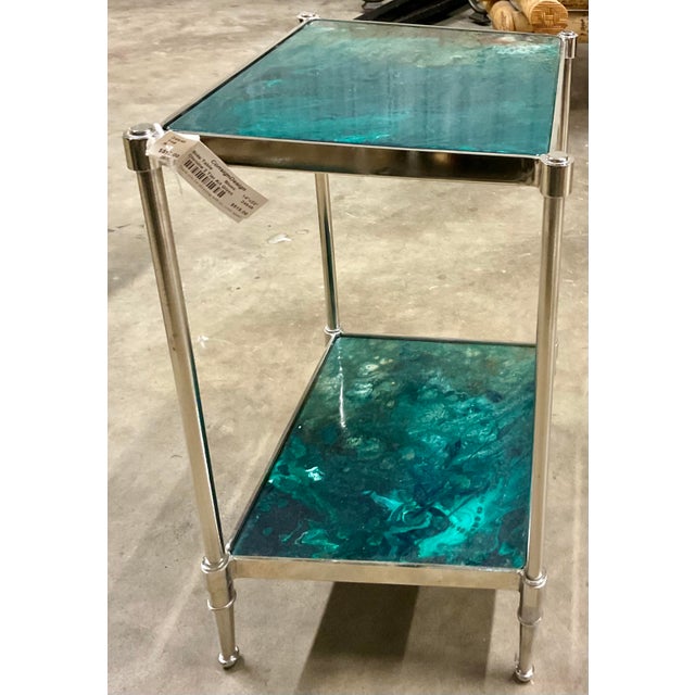 Contemporary Stunning Chrome & Art Glass Two-Tier Side Table With Turquoise & Teal Art Glass – Modern Designer Accent Table For Sale - Image 3 of 5