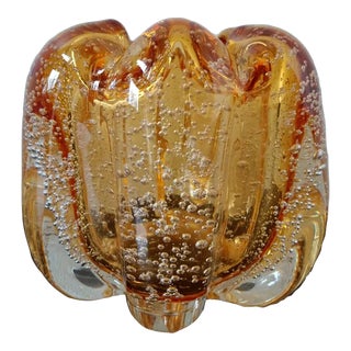 Amber Murano Glass Flared Vase With Scattered Bubbles For Sale
