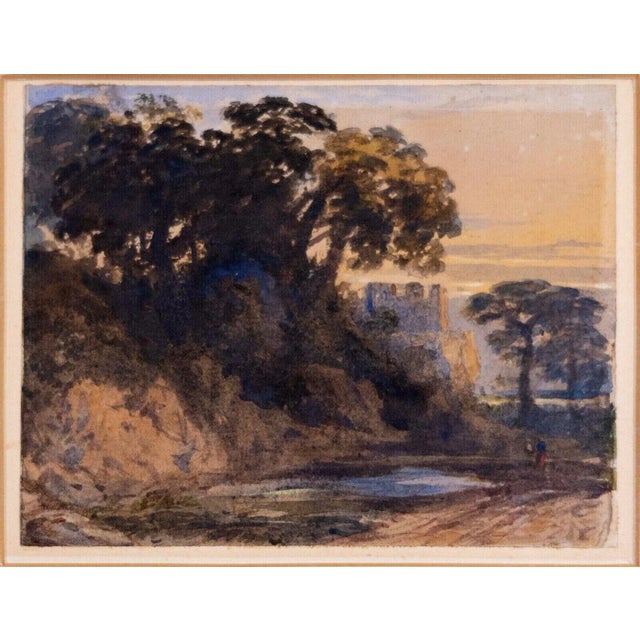 A tranquil and peaceful watercolor on paper depicting a landscape with a fortress by English artist John Varley. Circa...