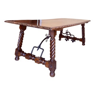 18th Large Spanish Dining or Desk Table with Solomonic Legs and Iron Stretcher For Sale