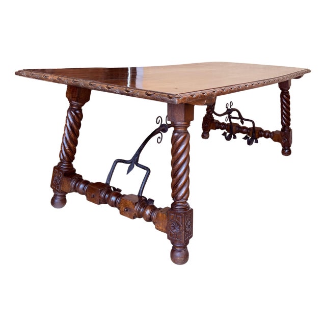 18th Large Spanish Dining or Desk Table with Solomonic Legs and Iron Stretcher For Sale