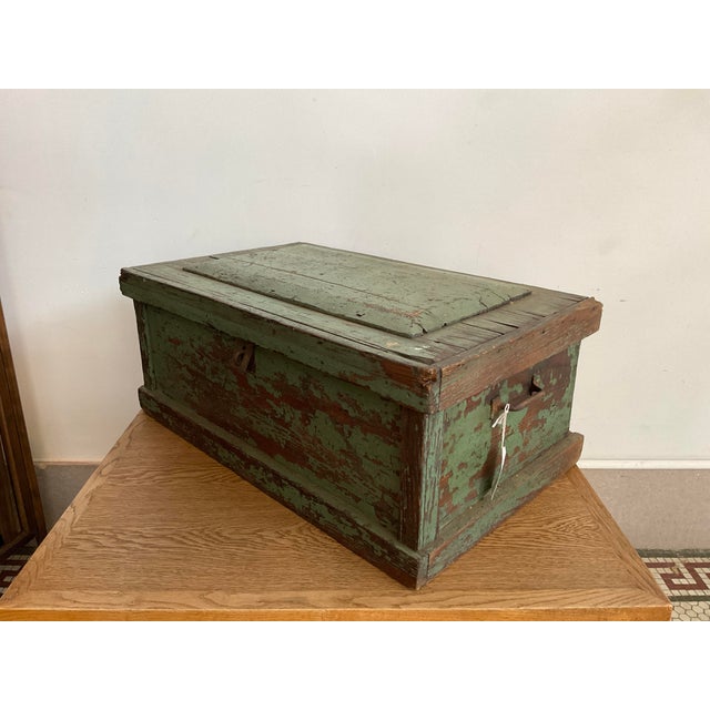 Green Early 20th Century Rustic Green Painted Wooden Storage Chest or Trunk For Sale - Image 8 of 14