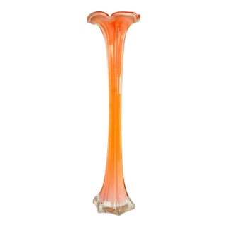 Mid Century Tall Orange Cased Glass Trumpet Vase For Sale