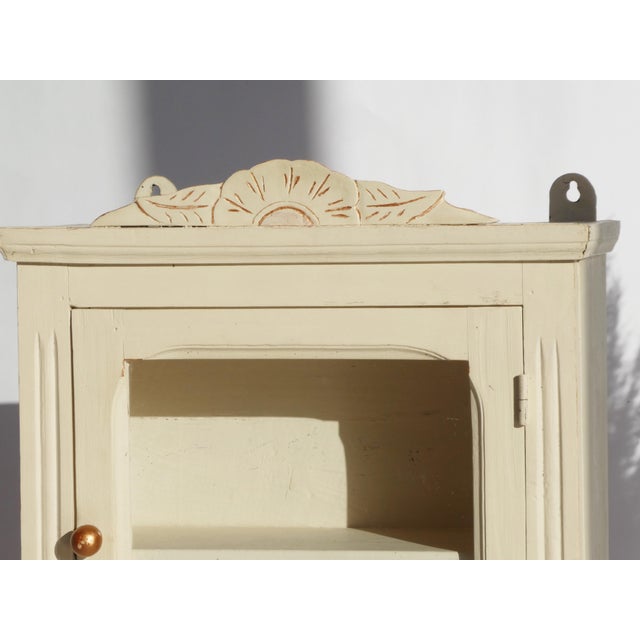 Wood Vintage Rustic Beige Apothecary Cabinet with Glass Door, Carved Floral Ornaments, Shelf and Drawer For Sale - Image 7 of 10