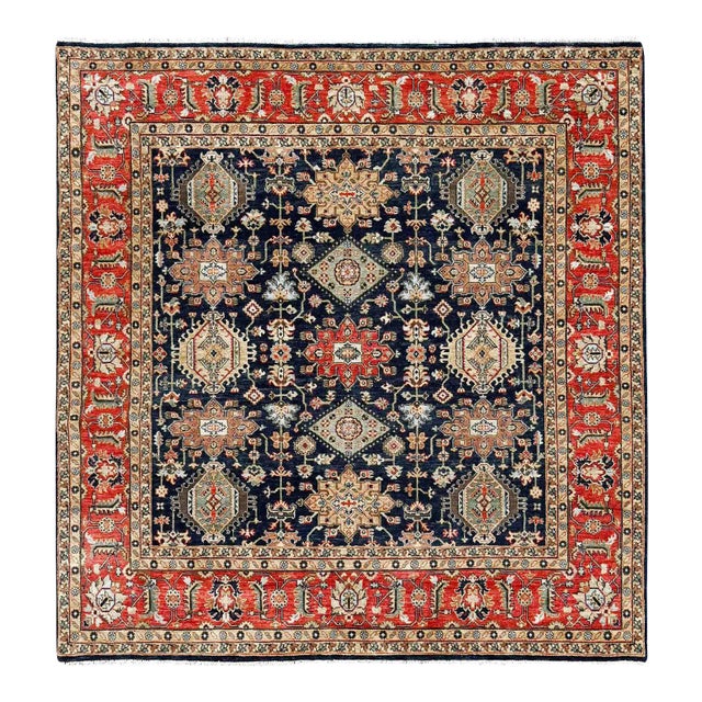 2010s Black, Vegetable Dyes, 100% Wool, Soft Pile, Karajeh Design With All Over Pattern, Hand Knotted, Square, Oriental Rug For Sale