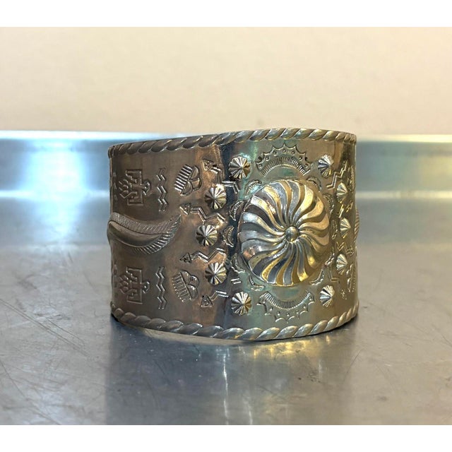 1940s-50s Native American style etched silver tone cuff bracelet. Excellent condition.