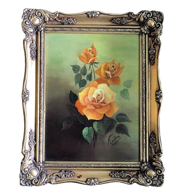 Oil on Canvas Floral Rose Painting Green Background Orange Roses Gilt Wood Frame For Sale