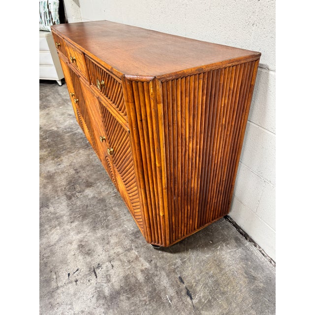 Wood Vintage Coastal Bho Pencil Reed Style Bamboo Credenza For Sale - Image 7 of 9